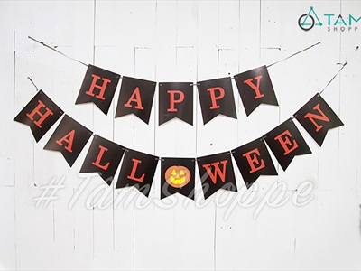 Dây banner giấy Happy Halloween cờ đuôi cá đen cam [Kèm dây - Giấy dày] BANER-HLW-08