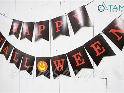 Dây banner giấy Happy Halloween cờ đuôi cá đen cam [Kèm dây - Giấy dày] BANER-HLW-08