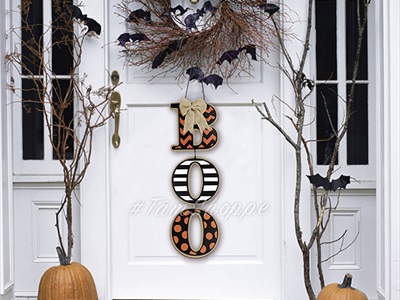 Dây treo Halloween chữ BOO gỗ hoạ tiết [01 mặt - Dài 50cm] DTR-HLW-06