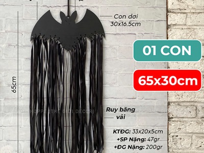 Dây treo Halloween con dơi lớn tua rua đen [65x30cm - Bằng gỗ] TCV-DOI-03