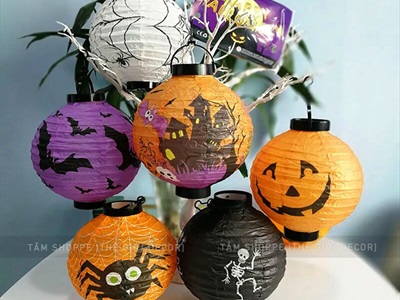 Lồng đèn Halloween giấy khung nhựa có đèn Led ĐK20cm (tặng Pin) LDEN-GIAY-09