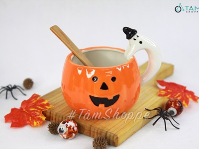 Ly gốm Halloween bí ngô dễ thương có quai cầm LGOM-02