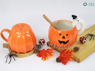 Ly gốm Halloween bí ngô dễ thương có quai cầm LGOM-02
