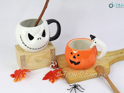 Ly gốm Halloween mặt cười trắng đen có quai cầm LGOM-01