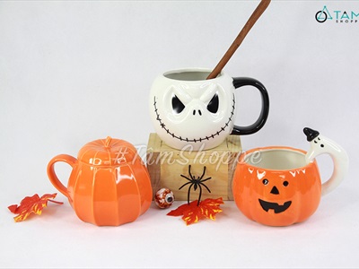 Ly gốm Halloween bí ngô dễ thương có quai cầm LGOM-02