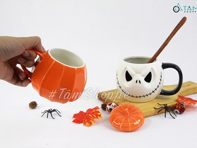 Ly gốm Halloween bí ngô dễ thương có quai cầm LGOM-02