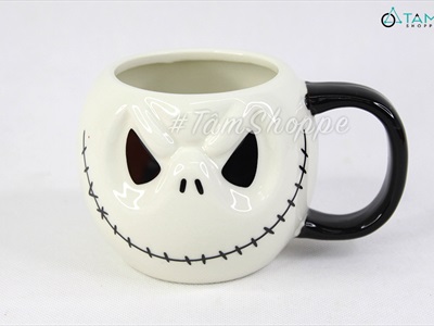 Ly gốm Halloween mặt cười trắng đen có quai cầm LGOM-01