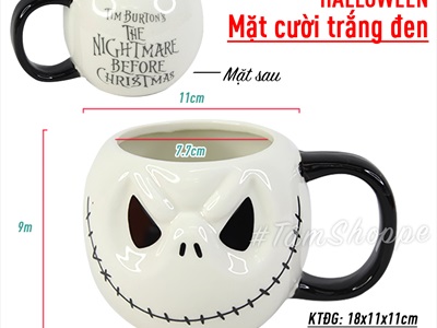 Ly gốm Halloween mặt cười trắng đen có quai cầm LGOM-01