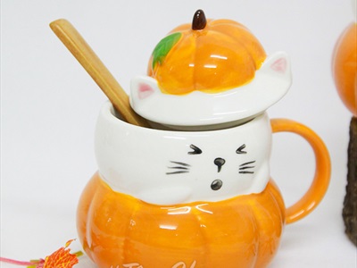 Ly gốm Halloween mèo bí ngô biểu cảm nắp rời LGOM-03