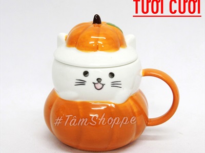 Ly gốm Halloween mèo bí ngô biểu cảm nắp rời LGOM-03