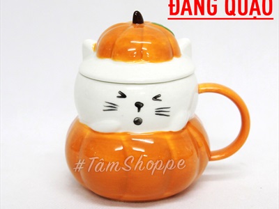 Ly gốm Halloween mèo bí ngô biểu cảm nắp rời LGOM-03