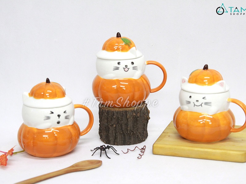 Ly gốm Halloween mèo bí ngô biểu cảm nắp rời LGOM-03