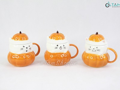 Ly gốm Halloween mèo bí ngô biểu cảm nắp rời LGOM-03