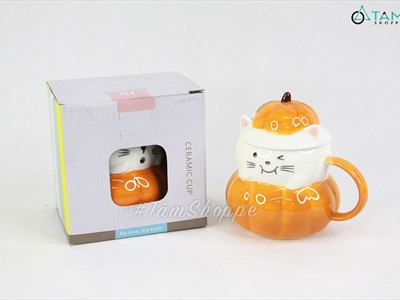 Ly gốm Halloween mèo bí ngô biểu cảm nắp rời LGOM-03