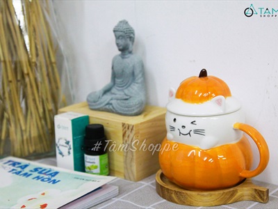 Ly gốm Halloween mèo bí ngô biểu cảm nắp rời LGOM-03