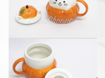 Ly gốm Halloween mèo bí ngô biểu cảm nắp rời LGOM-03