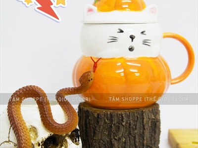 Ly gốm Halloween mèo bí ngô biểu cảm nắp rời LGOM-03