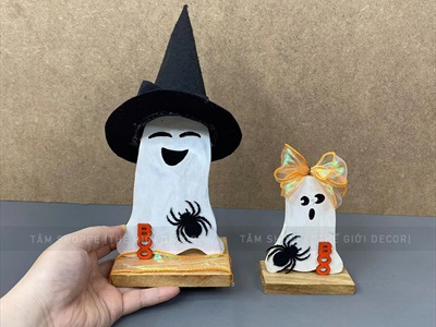 Mô hình con ma trắng cute 2 kiểu để bàn [Thủ công - Bằng gỗ] HLW-MAQUY-42