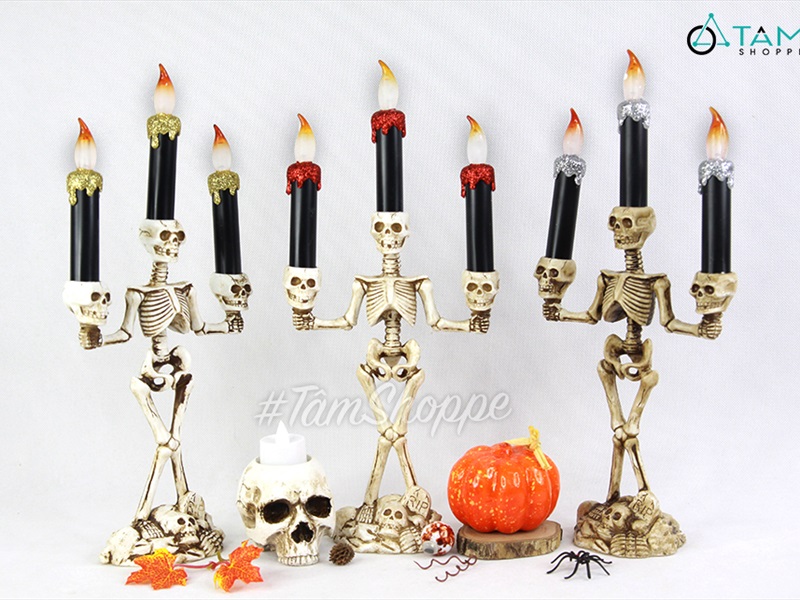 Nến điện tử bộ xương ba đầu ba ngọn nến sẵn pin NEN-DT-08