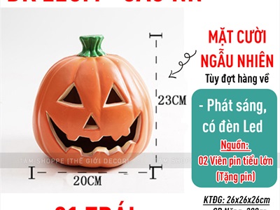 Quả bí ngô Halloween nhựa rỗng có đèn Led [Hàng xịn - Siêu sáng] TRAI-BINGO-06