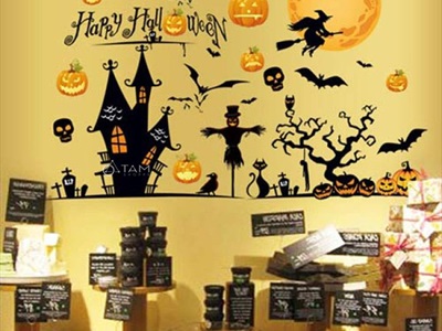 Set Decal Halloween chủ đề Phù thủy đêm trăng khổ 1.4x0.9m DECAL-HLW1409-02