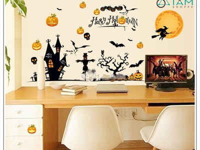 Set Decal Halloween chủ đề Phù thủy đêm trăng khổ 1.4x0.9m DECAL-HLW1409-02
