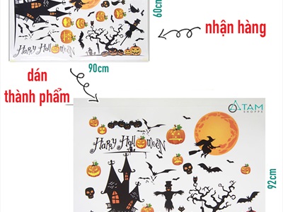 Set Decal Halloween chủ đề Phù thủy đêm trăng khổ 1.4x0.9m DECAL-HLW1409-02