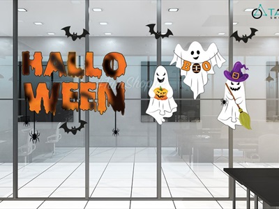 Set Decal Halloween chủ đề Ôh ba ma trắng khổ lớn 2x2m DECAL-HLW2M-002