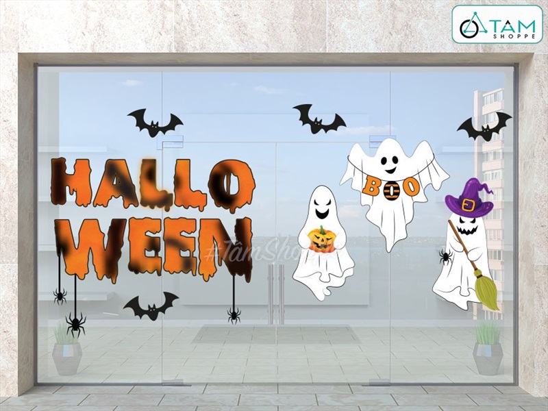 Set Decal Halloween chủ đề Ôh ba ma trắng khổ lớn 2x2m DECAL-HLW2M-002