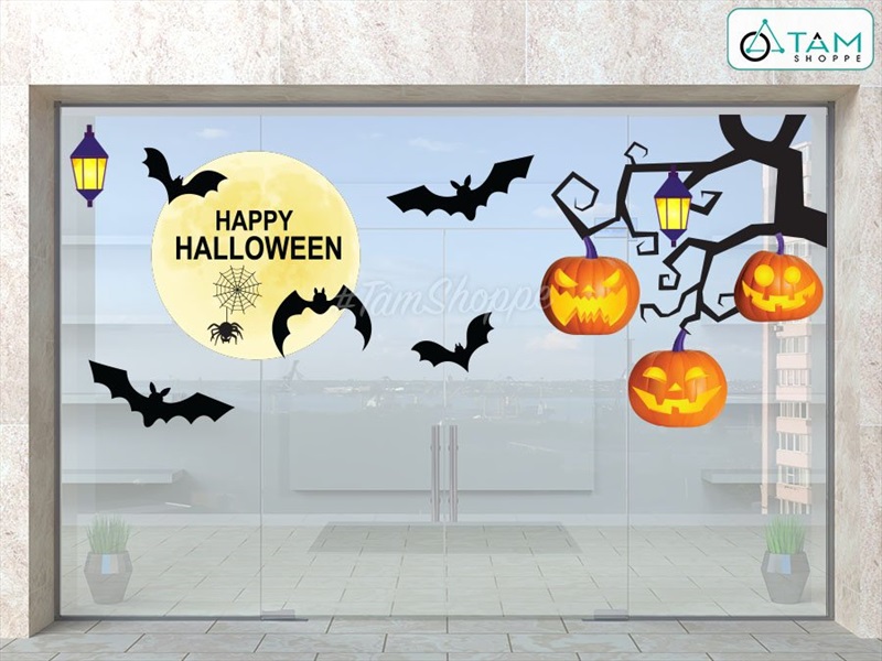 Set Decal Halloween chủ đề Cây treo bí đèn khổ lớn 2x2m DECAL-HLW2M-001