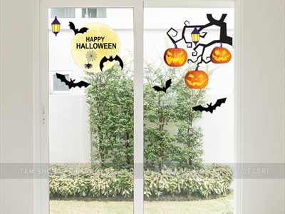 Set Decal Halloween chủ đề Cây treo bí đèn khổ lớn 2x2m DECAL-HLW2M-001