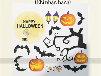 Set Decal Halloween chủ đề Cây treo bí đèn khổ lớn 2x2m DECAL-HLW2M-001