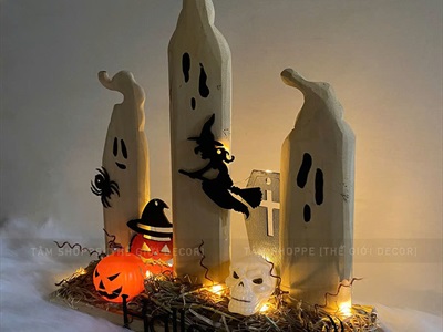 Tiểu cảnh để bàn HLW ba ma nến phù thuỷ [Bằng gỗ - có đèn] TCĐB-HLW-04