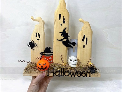 Tiểu cảnh để bàn HLW ba ma nến phù thuỷ [Bằng gỗ - có đèn] TCĐB-HLW-04