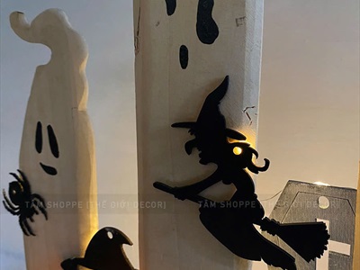 Tiểu cảnh để bàn HLW ba ma nến phù thuỷ [Bằng gỗ - có đèn] TCĐB-HLW-04