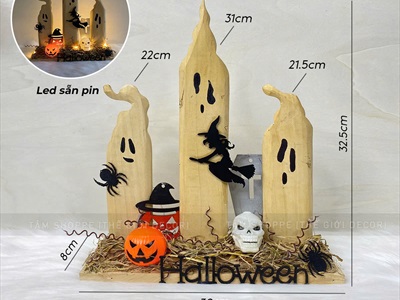 Tiểu cảnh để bàn HLW ba ma nến phù thuỷ [Bằng gỗ - có đèn] TCĐB-HLW-04