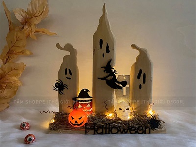 Tiểu cảnh để bàn HLW ba ma nến phù thuỷ [Bằng gỗ - có đèn] TCĐB-HLW-04