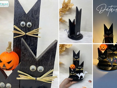 Tiểu cảnh để bàn HLW ba mèo đen tai nhọn [Bằng gỗ - có đèn] TCĐB-HLW-02