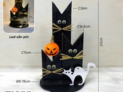 Tiểu cảnh để bàn HLW ba mèo đen tai nhọn [Bằng gỗ - có đèn] TCĐB-HLW-02