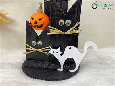 Tiểu cảnh để bàn HLW ba mèo đen tai nhọn [Bằng gỗ - có đèn] TCĐB-HLW-02