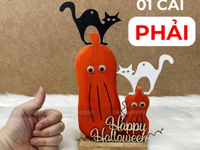 Tiểu cảnh để bàn HLW hai bí cam - hai mèo [Bằng gỗ - ngộ nghĩnh] TCĐB-HLW-03