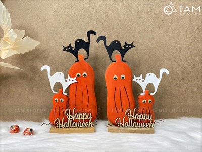 Tiểu cảnh để bàn HLW hai bí cam - hai mèo [Bằng gỗ - ngộ nghĩnh] TCĐB-HLW-03