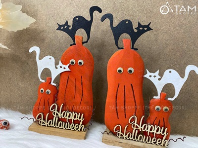 Tiểu cảnh để bàn HLW hai bí cam - hai mèo [Bằng gỗ - ngộ nghĩnh] TCĐB-HLW-03