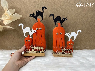 Tiểu cảnh để bàn HLW hai bí cam - hai mèo [Bằng gỗ - ngộ nghĩnh] TCĐB-HLW-03