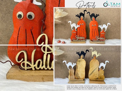 Tiểu cảnh để bàn HLW hai bí cam - hai mèo [Bằng gỗ - ngộ nghĩnh] TCĐB-HLW-03