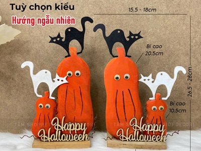 Tiểu cảnh để bàn HLW hai bí cam - hai mèo [Bằng gỗ - ngộ nghĩnh] TCĐB-HLW-03