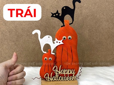 Tiểu cảnh để bàn HLW hai bí cam - hai mèo [Bằng gỗ - ngộ nghĩnh] TCĐB-HLW-03