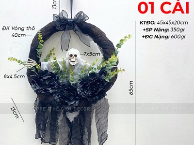 Vòng treo cửa Halloween ma dang tay lá xanh [ĐK40-50cm - handmade] VTC-HLW-05