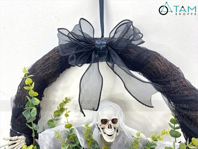 Vòng treo cửa Halloween ma dang tay lá xanh [ĐK40-50cm - handmade] VTC-HLW-05