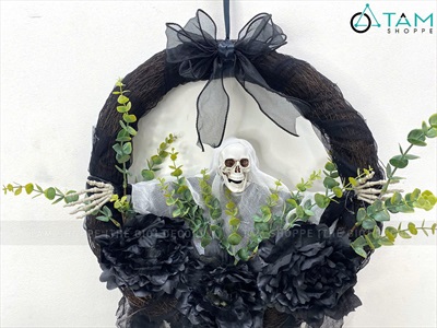 Vòng treo cửa Halloween ma dang tay lá xanh [ĐK40-50cm - handmade] VTC-HLW-05
